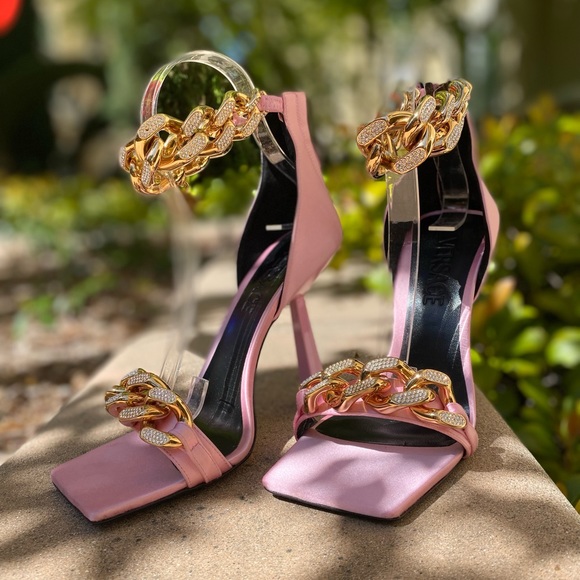 New Versace Crystal Chain High-Heel Sandals Pink 37 $1,725 - Picture 13 of 16